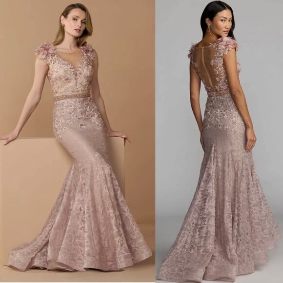 Mac Duggal Dresses & Skirts - Mac Duggal 79368 Pink Embellished Lace Illusion Neck Gown With 3D Flowers Mocha